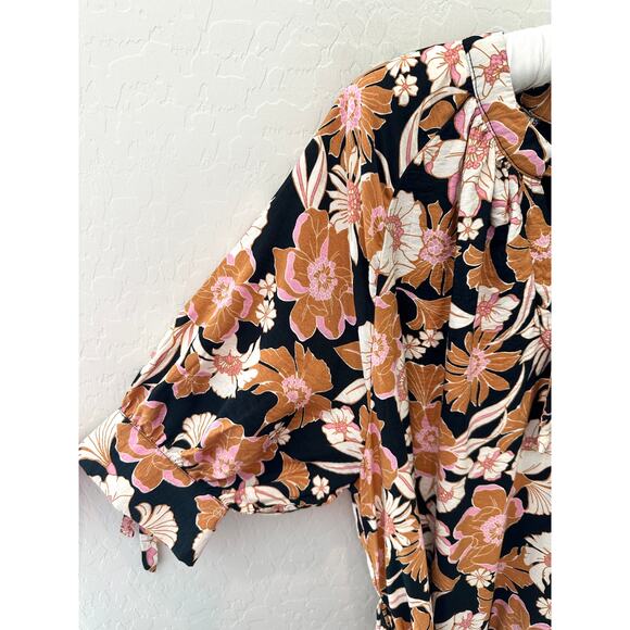 BOHME | Floral Midi Dress Black Pink Brown Boho Tie Neck | Size Medium - Picture 3 of 8